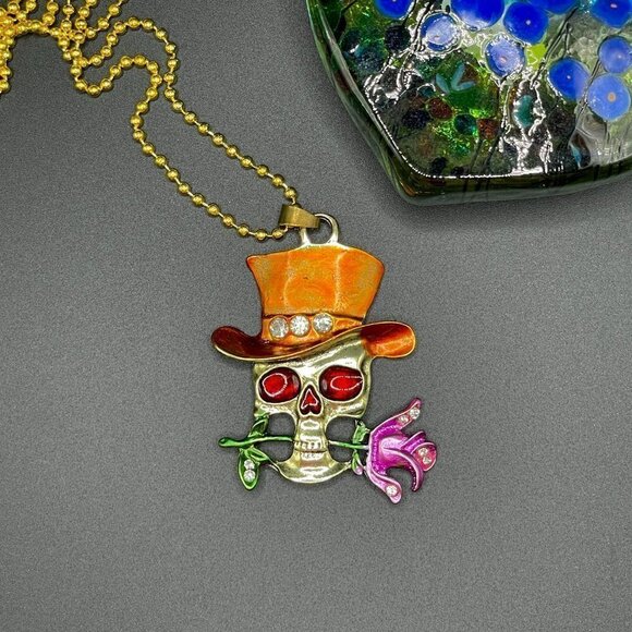Grinning Skull with Rose and Top Hat Skelton Necklace / Pendant #866 (orange) - Picture 8 of 9